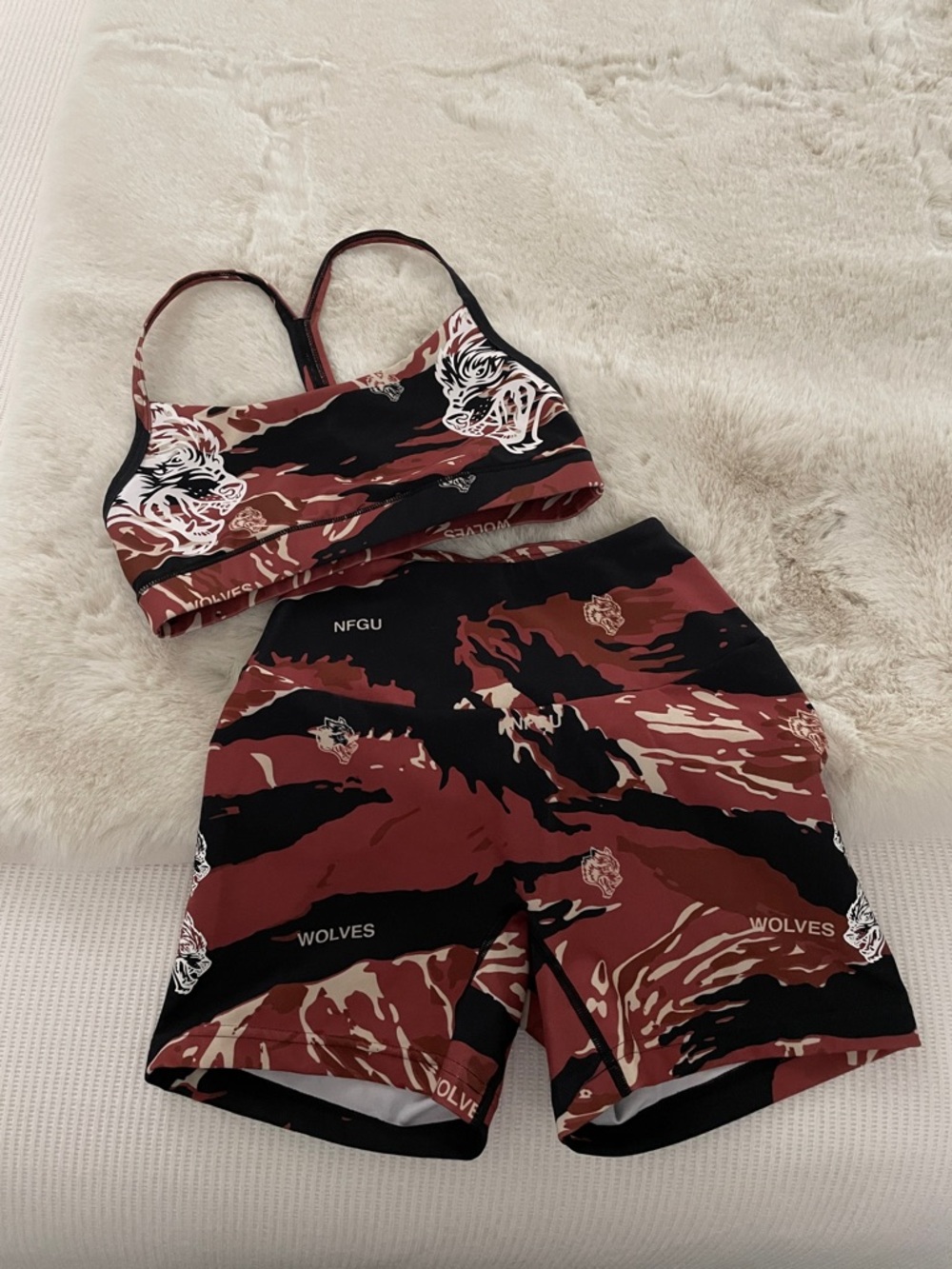 Darc Sport XS Wolves Brown and Black Camo Sports Bra & Bike Shorts Set